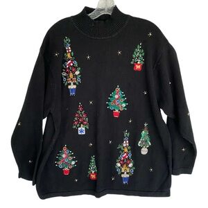 Victoria Jones Vintage 90s Sequin Beaded Christmas Tree Sweater Black 2X Plus